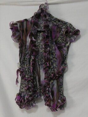 Boho Ruffled Vest Statement Shrug - Purple Floral Print - P2P 14.5"